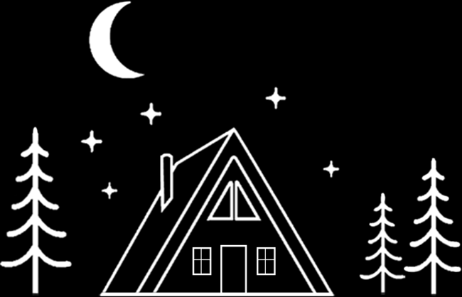 A-frame cottage with trees surrounding it with the moon and stars in the sky